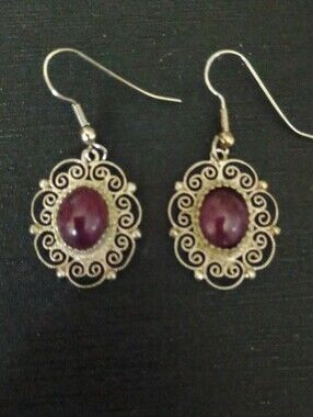 Silver 800 Filigree Drop Earrings with Deep Purple Naturel Stone  Cabochons
